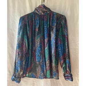 Vintage 80s Tess Jewel Tone Pleated Blouse High Neck Holiday Modest Size 12